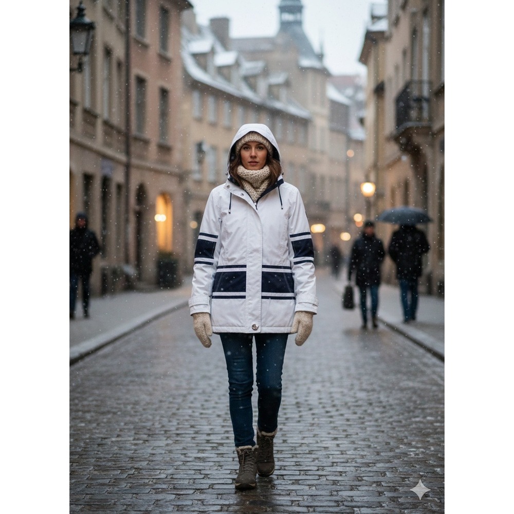 Mackintosh New England White Navy Striped Hooded Jacket Size L‎